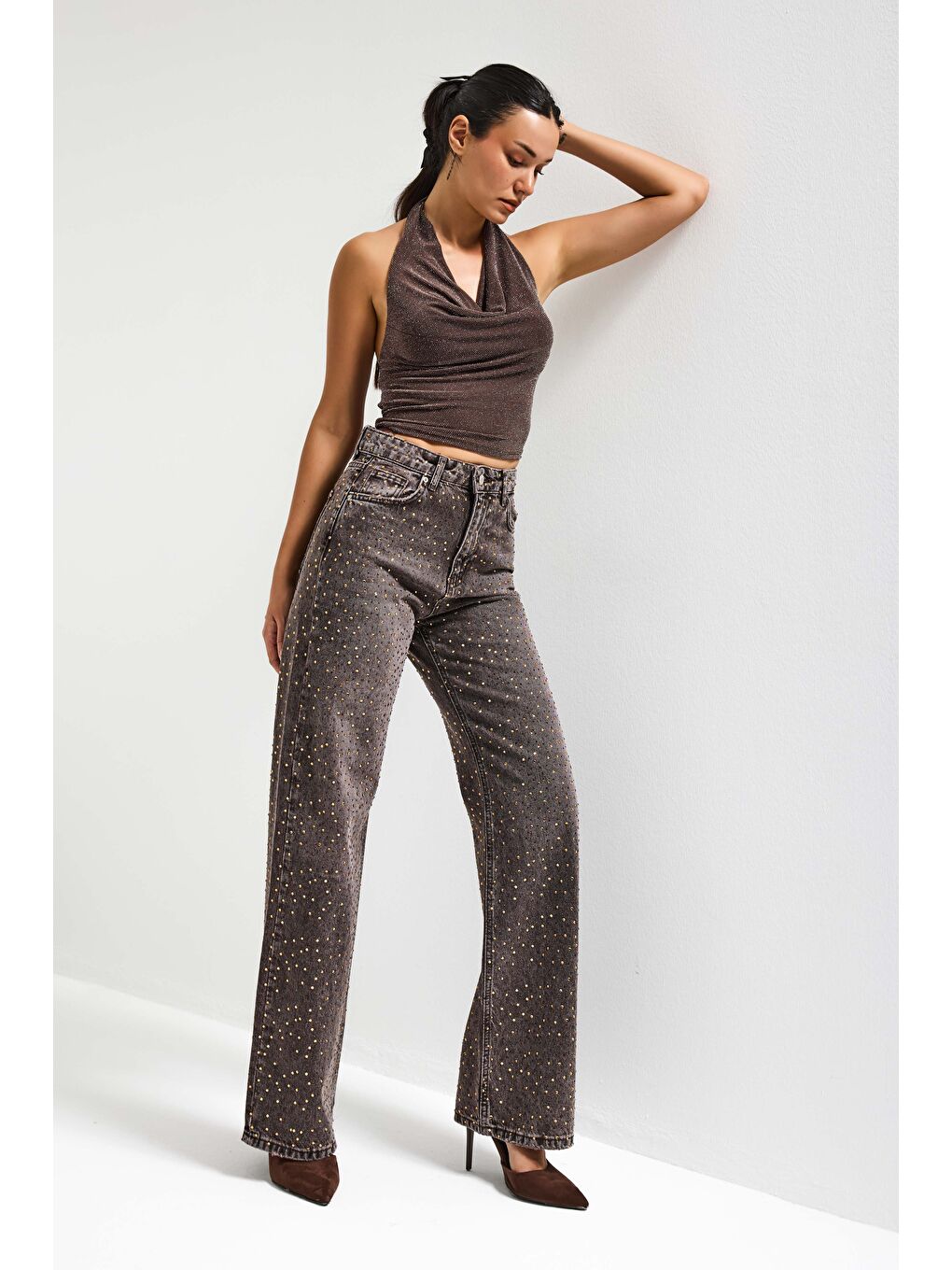 Kahverengi Kadın Taşlı Kahve T-4s6-179 Straight Fit Full Parlak Taşlı Özel Tasarım Denim Jean-3