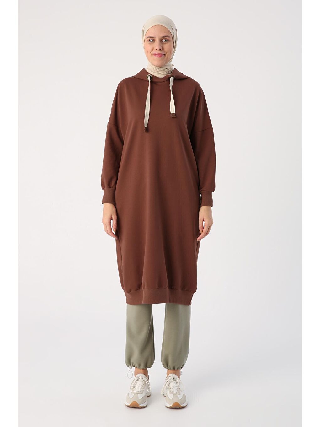 Kahverengi Açık Kahve Kuşgözlü Kapüşonlu Cepli Sweat Tunik-1