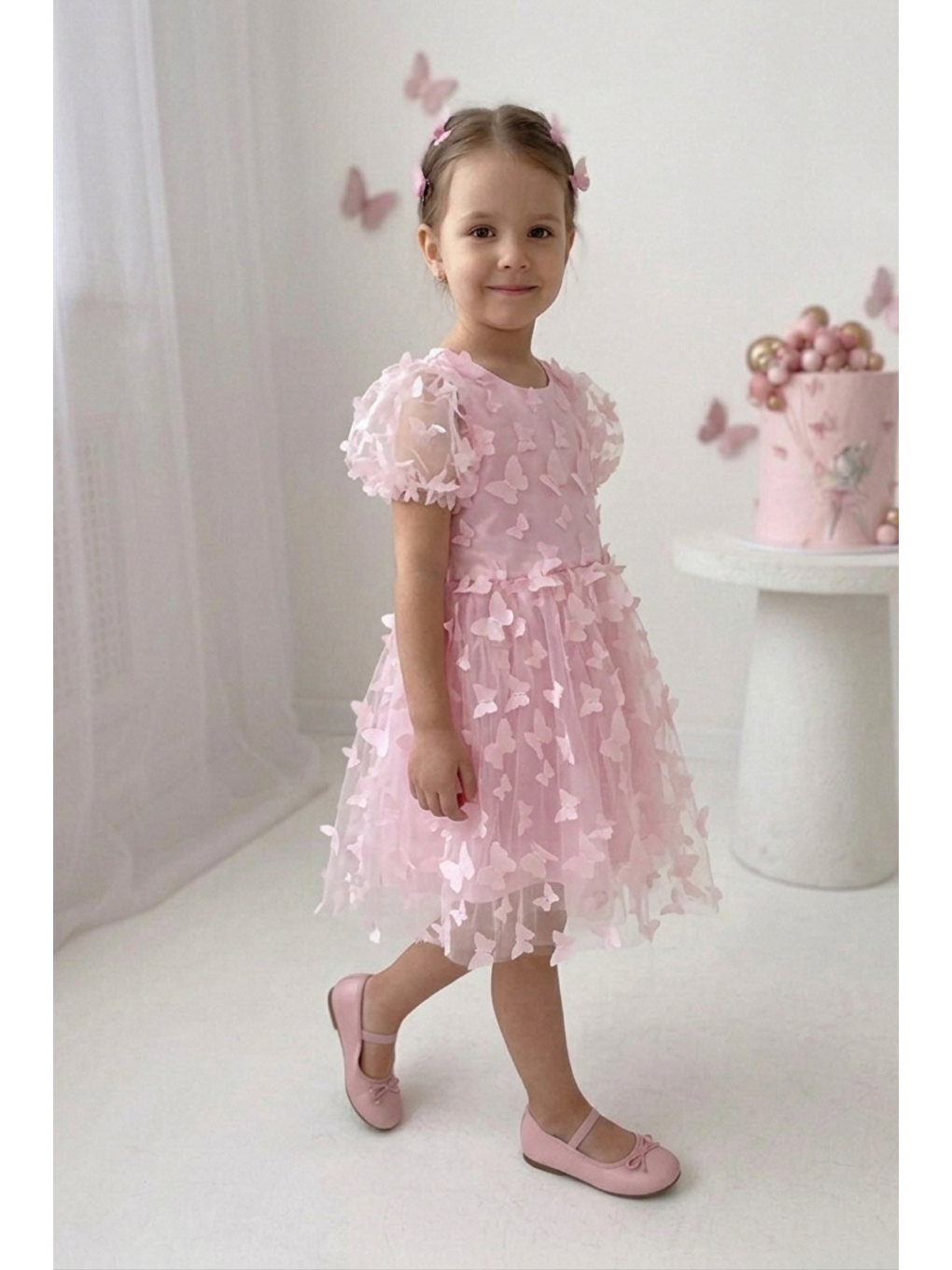 Pembe 3d Kelebek Figürlü Balon Kısa Kollu Kız Çocuk Kız Bebek Elbise-6