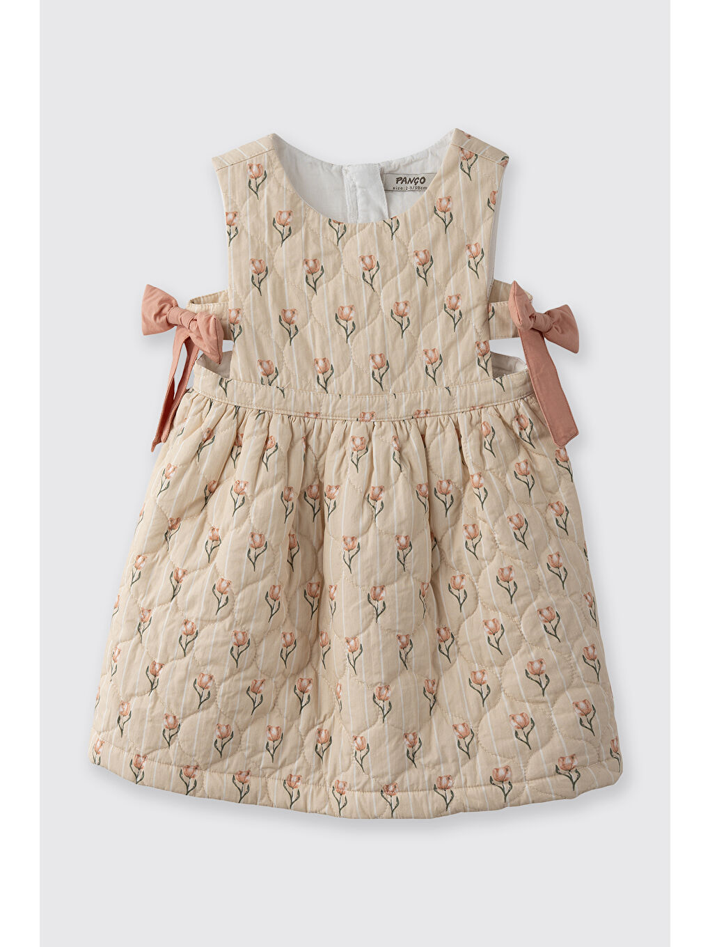 Bej Kız Bebek Lale Desenli Fiyonk Detaylı Kapitone Ekru Elbise