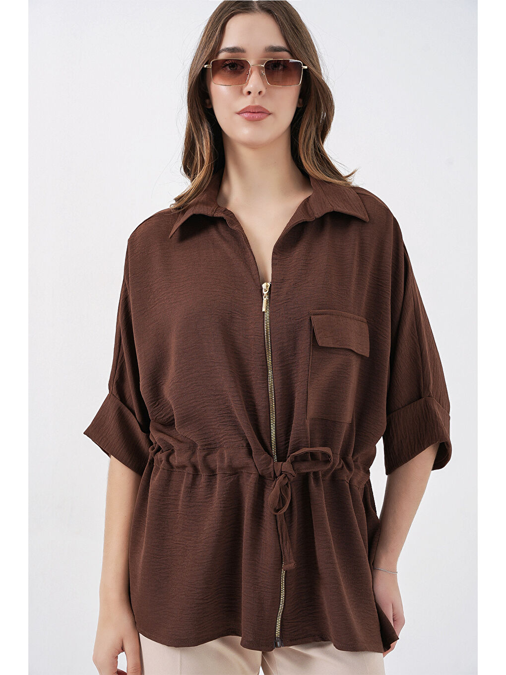 Fermuarlı Kadın Gömlek 0721 - Kahverengi-2