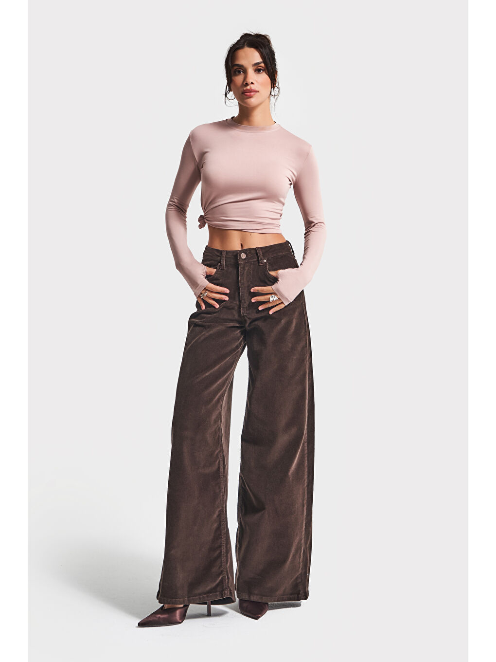 Kadın Kahverengi 26w5-136 Palazzo Fit Esnek İnce Fitilli Velvet Kadife Kumaş Pantolon