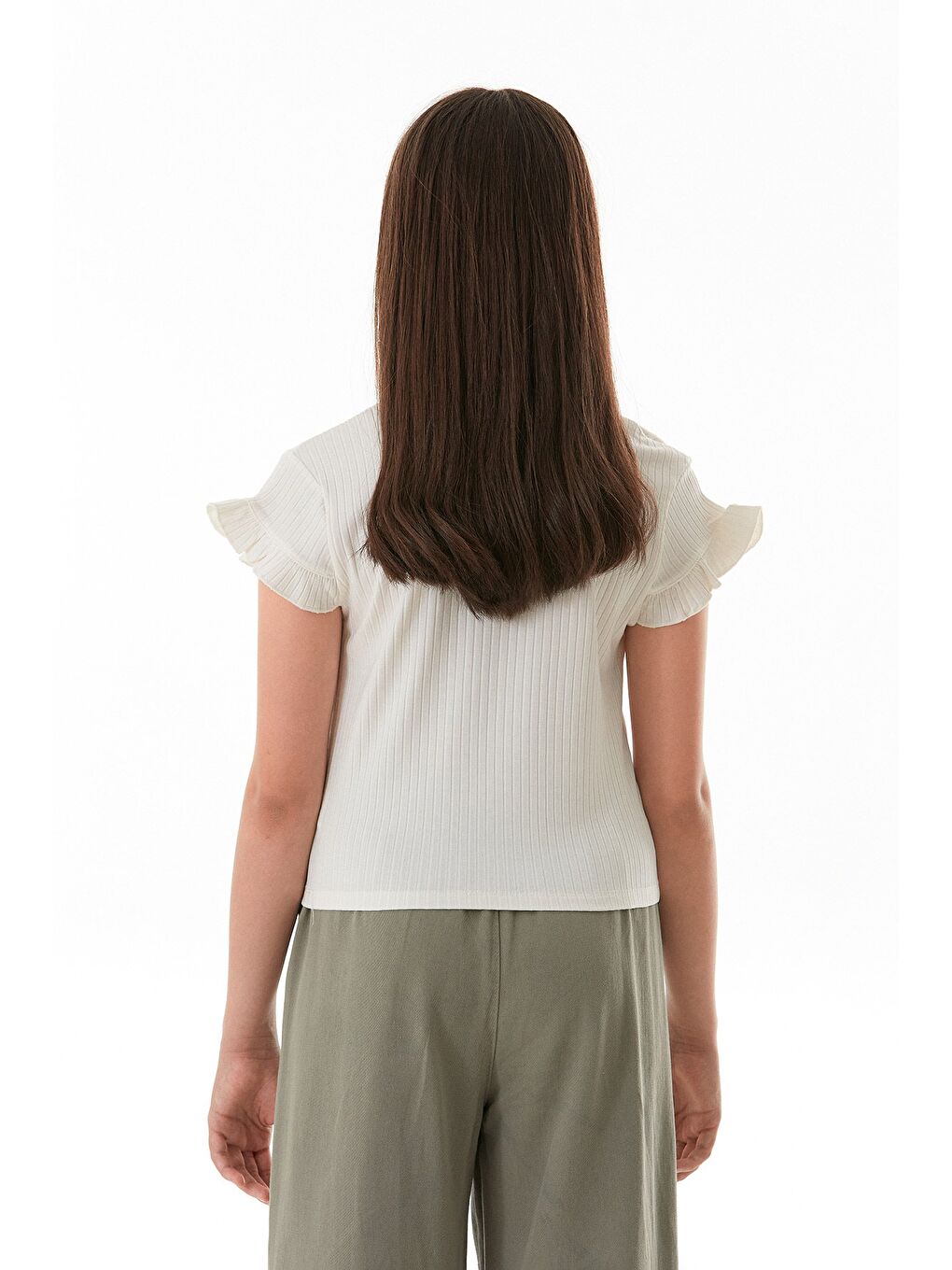 Ekru Fitilli Önü Fırfırlı Elastanlı Kız Çocuk Body-3