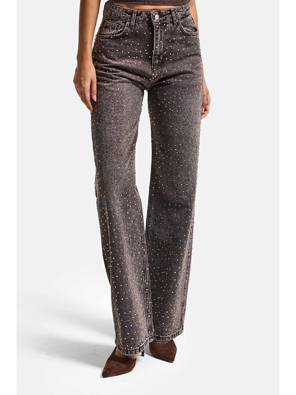 Kahverengi Kadın Taşlı Kahve T-4s6-179 Straight Fit Full Parlak Taşlı Özel Tasarım Denim Jean-4