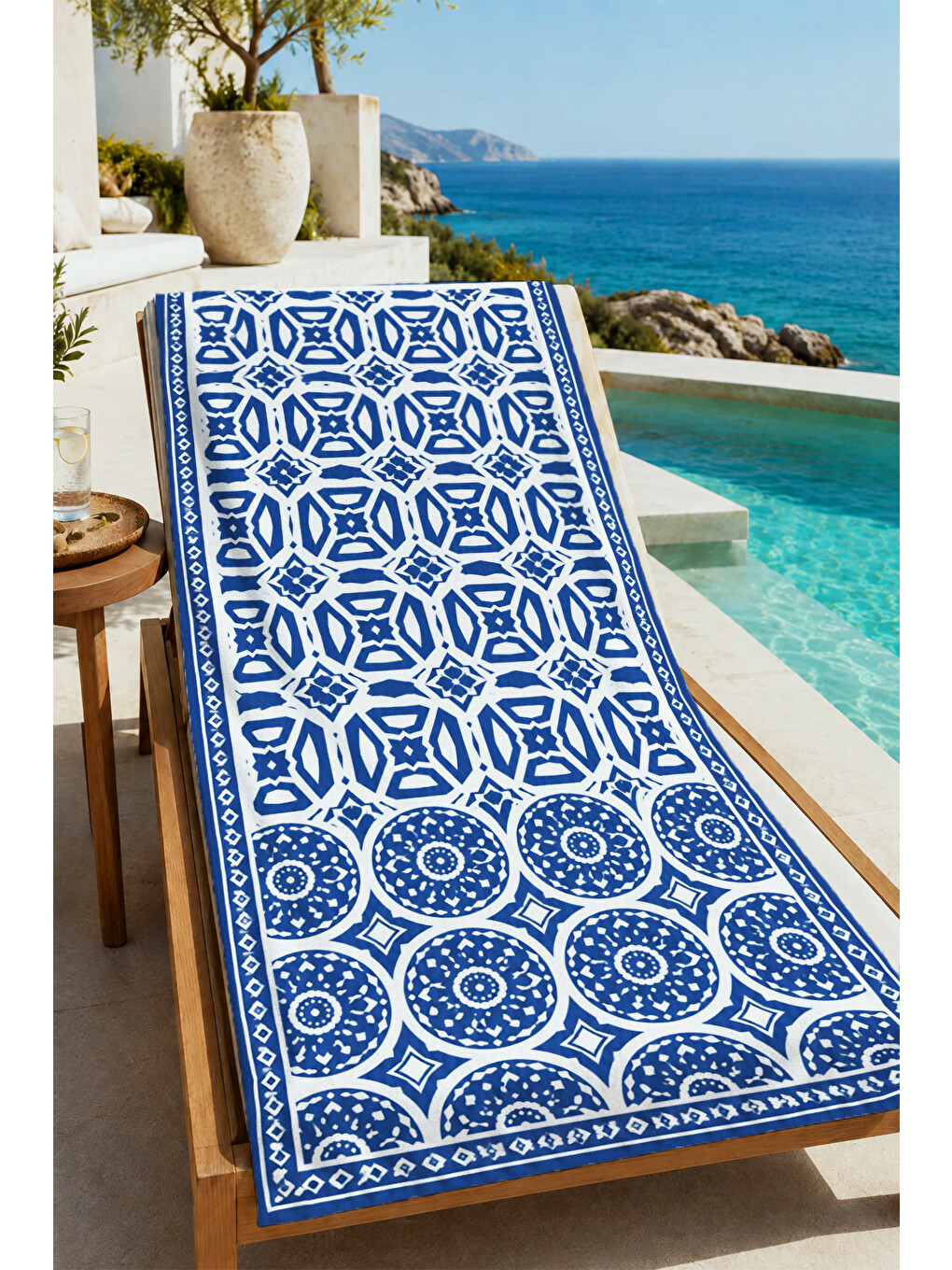 Bohem Mavi Mandala Karo Motifli Desenli 70x150 Plaj Havlusu - Dijital Baskılı Solmaz Banyo Havlusu-3