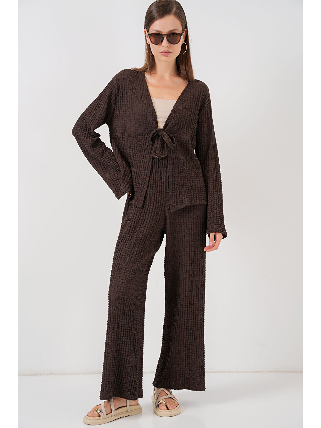 Kadın Örme Bluz Pantolon İkili Takım 30052 - Kahverengi