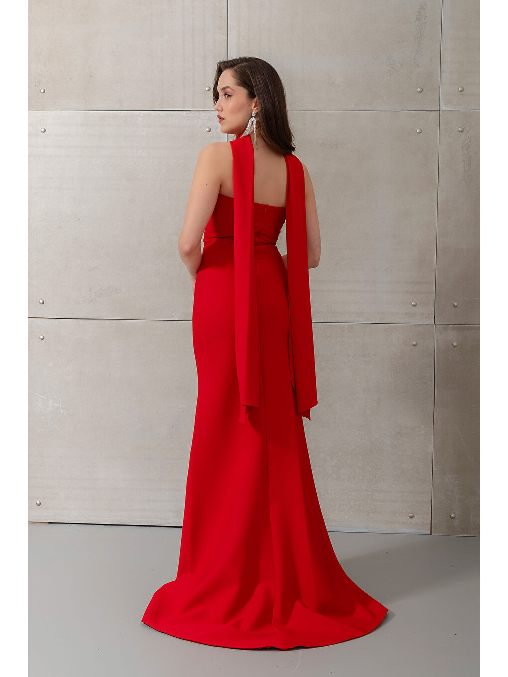Kadın Kırmızı Dar Kalıp Şal Yaka Detay Uzun Abiye Elbise-5