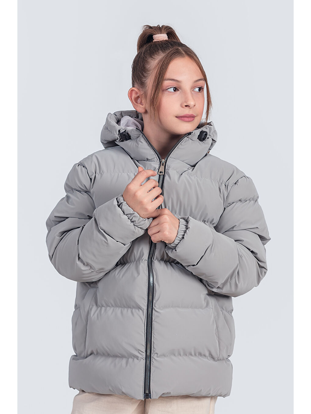 Gri Kız Çocuk Kapüşonlu Nova Kumaş Kışlık Mont KM1010-1