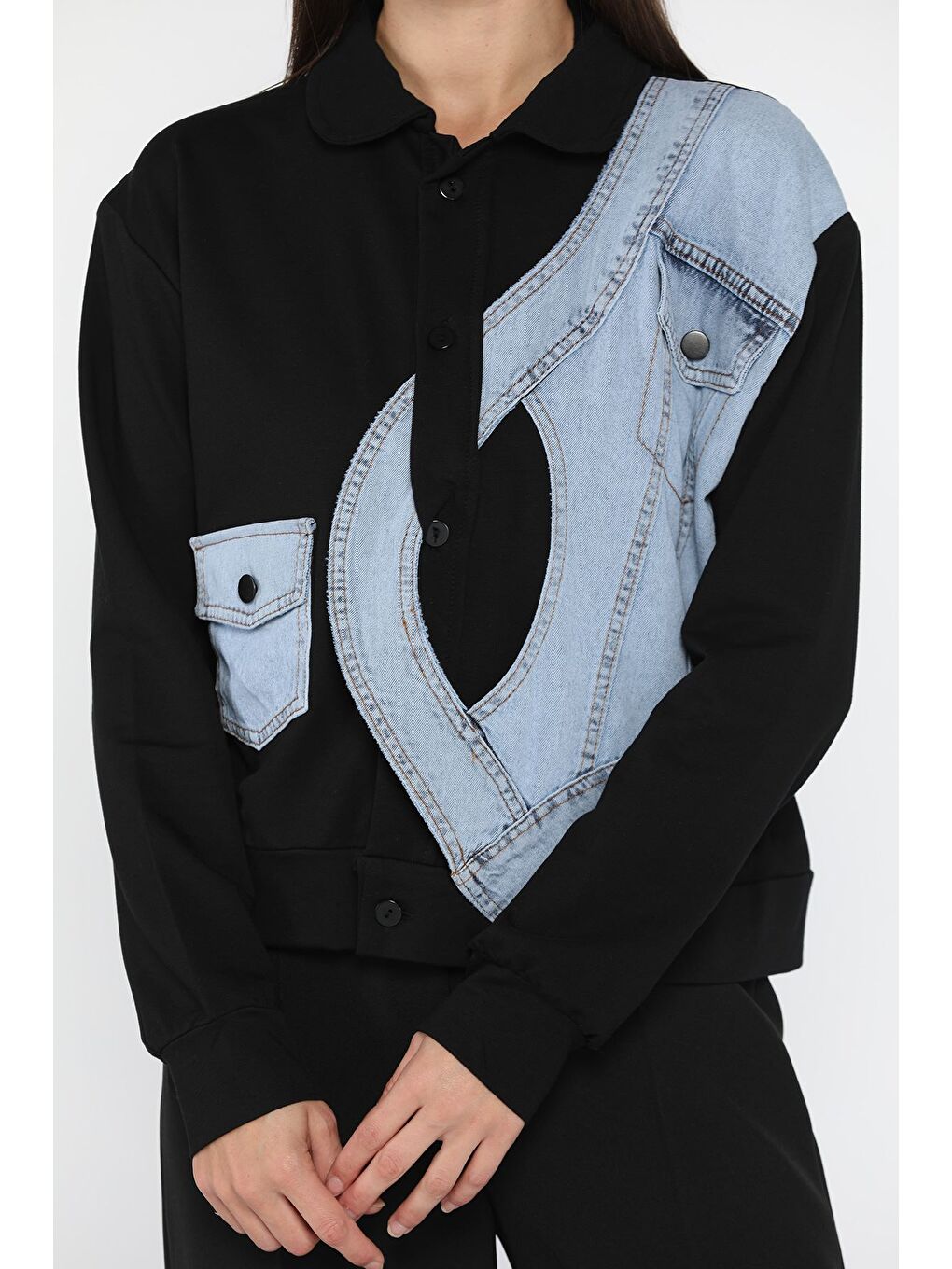 Siyah Kadın Jean Garnili Mevsimlik Ceket-2