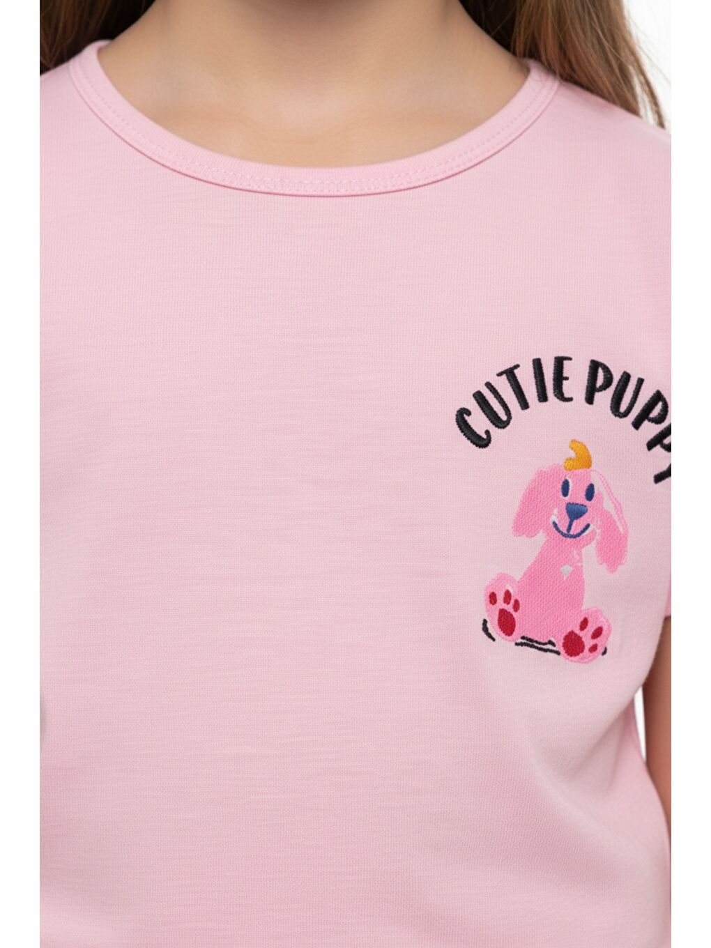 Pembe Kız Çocuk 2'li Şortlu Takım Bisiklet Yaka Düşük Omuz Kısa Kollu Baskılı Tişört - Beli Lastikli Bağl-4