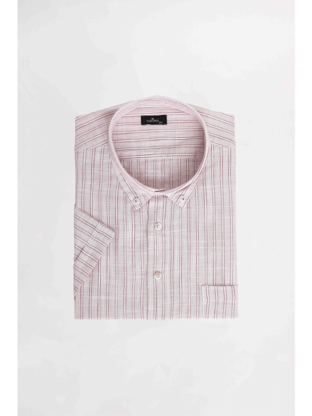 Erkek Big Size Büyük Beden %100 Pamuk Düğmeli Yaka Keten Doku Cepli Çizgili Kısa Kollu Bordo Gömlek