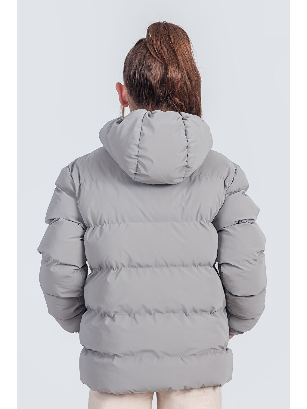 Gri Kız Çocuk Kapüşonlu Nova Kumaş Kışlık Mont KM1010-2