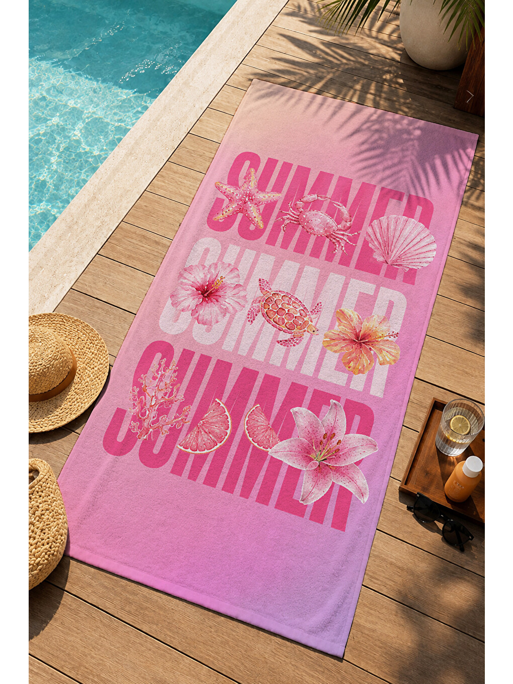 Pop Art Pembe Summer Yazılı Tipografik Desenli 70x150 Plaj Havlusu - Dijital Baskılı Banyo Havlusu-3