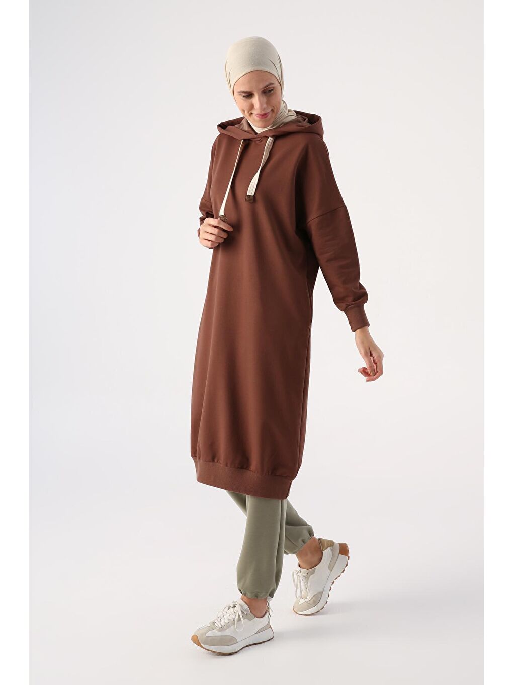Kahverengi Açık Kahve Kuşgözlü Kapüşonlu Cepli Sweat Tunik-2