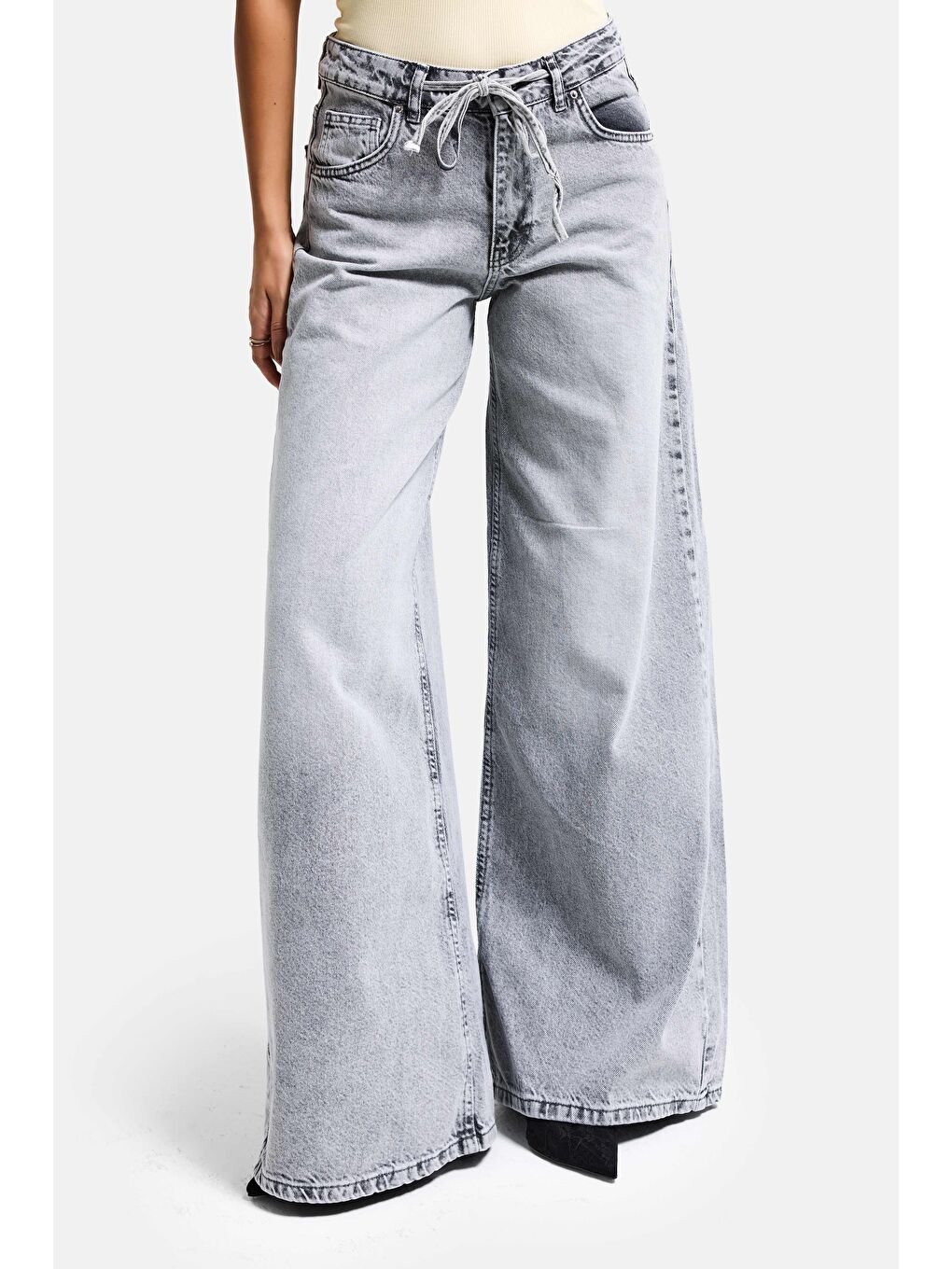Kadın Gri 4s5-12 Palazzo Fit Bağcıklı %100 Pamuk Denim Jean