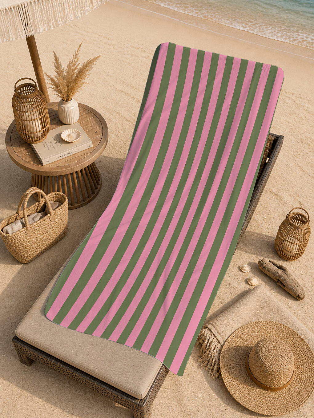 Retro Pembe Yeşil İnce Dikey Çizgili Desenli 70x150 Plaj Havlusu - Dijital Baskılı Banyo Havlusu-3