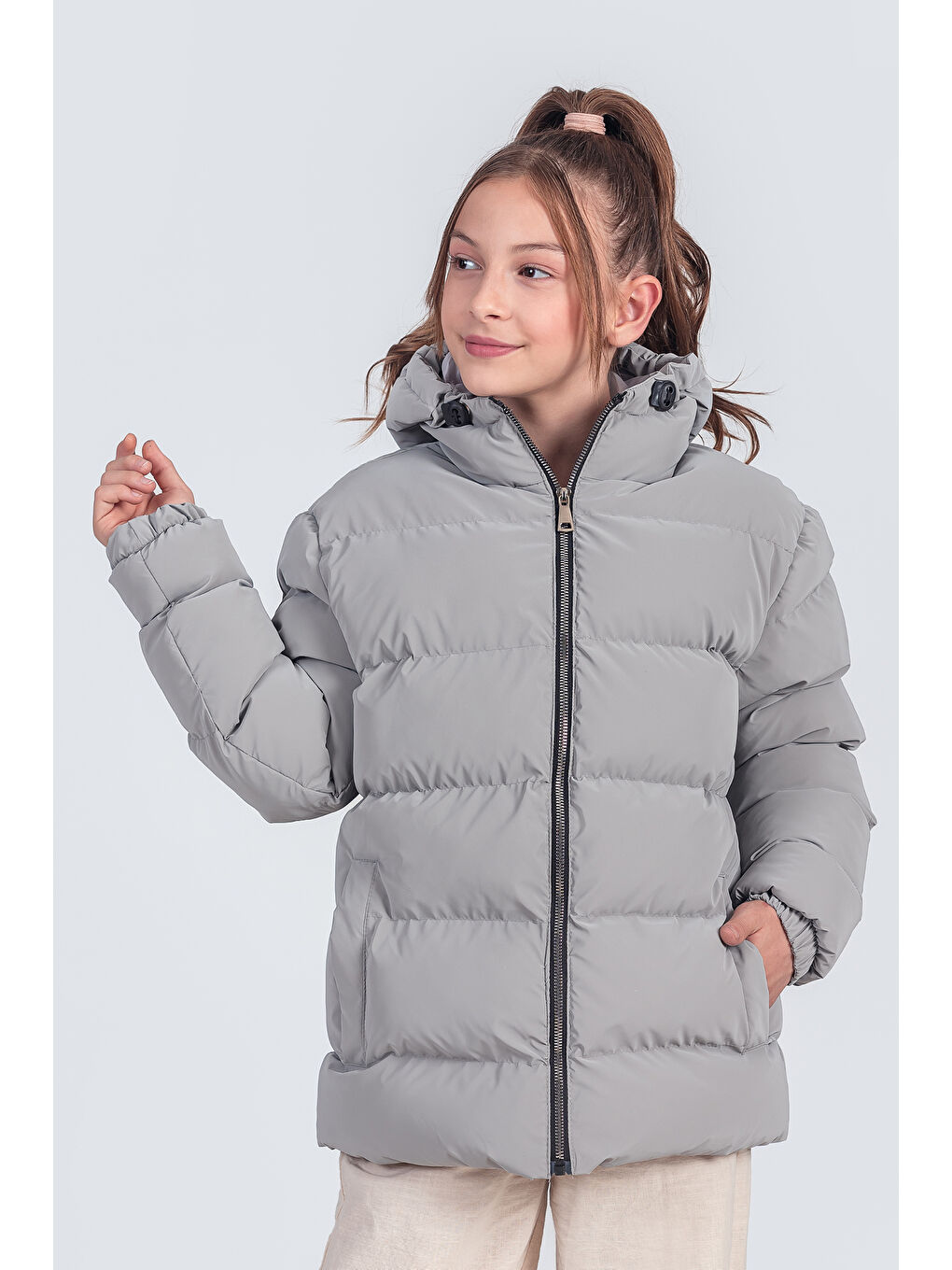 Gri Kız Çocuk Kapüşonlu Nova Kumaş Kışlık Mont KM1010-4