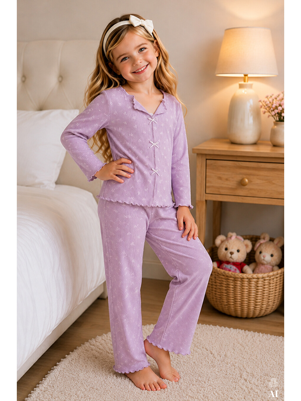 Lila Kız Çocuk Pamuklu Uzun Kollu Fiyonk Desenli Fırfır Ve Fiyonk Detaylı Pijama Takımı-1