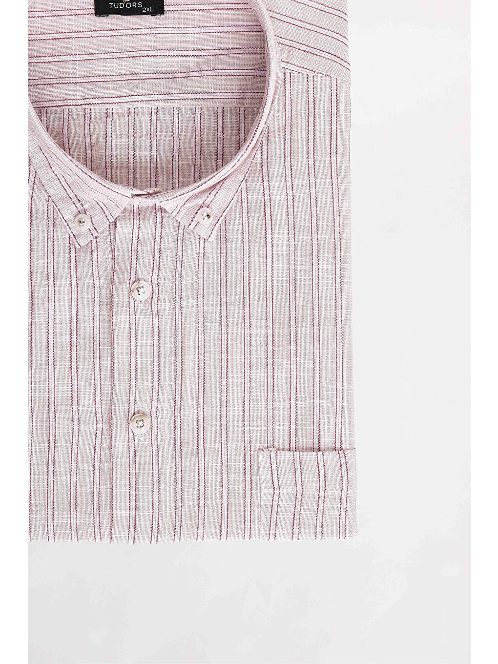 Erkek Big Size Büyük Beden %100 Pamuk Düğmeli Yaka Keten Doku Cepli Çizgili Kısa Kollu Bordo Gömlek-2