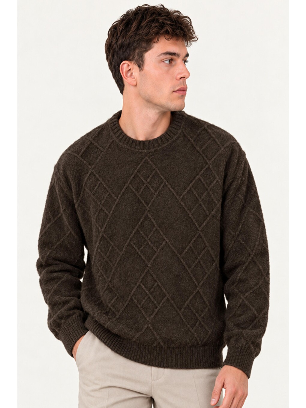 Kahverengi Çapraz Desen Oversize Kışlık Kazak Dp 17567_10066-2