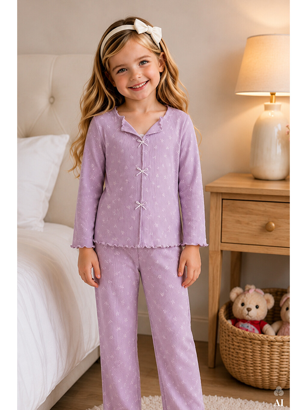 Lila Kız Çocuk Pamuklu Uzun Kollu Fiyonk Desenli Fırfır Ve Fiyonk Detaylı Pijama Takımı-2