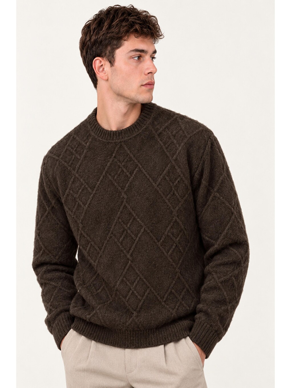 Kahverengi Çapraz Desen Oversize Kışlık Kazak Dp 17567_10066-3