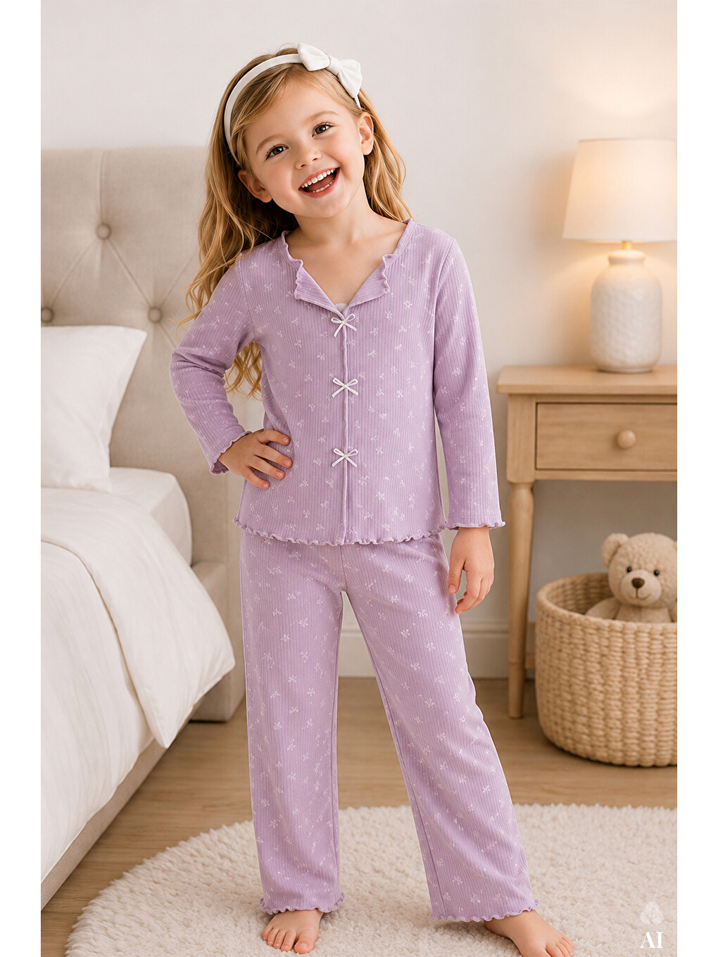 Lila Kız Çocuk Pamuklu Uzun Kollu Fiyonk Desenli Fırfır Ve Fiyonk Detaylı Pijama Takımı-3