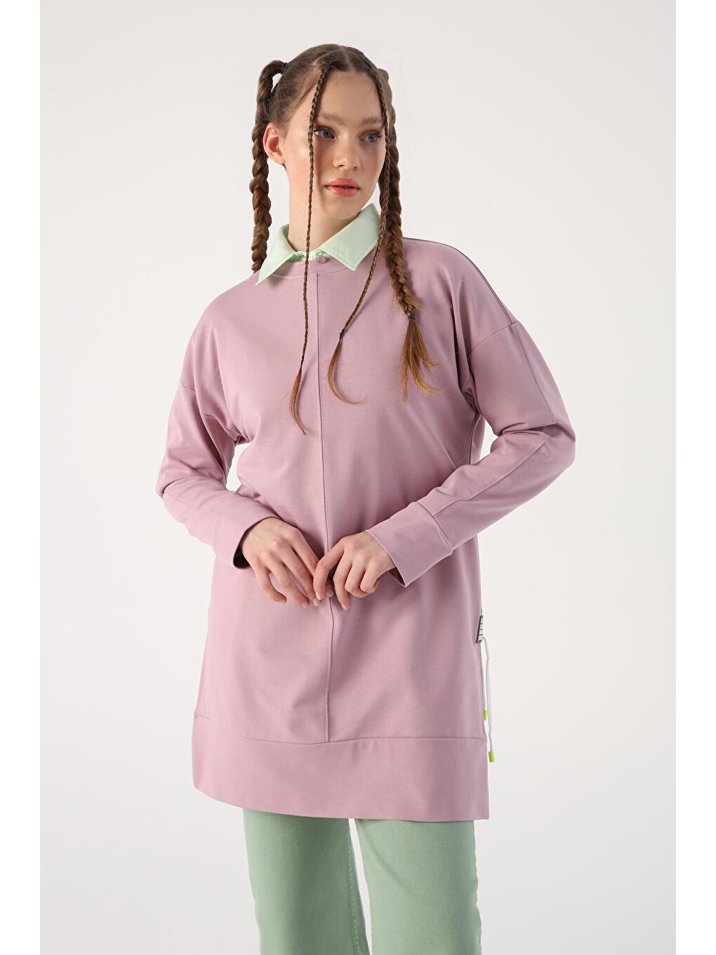 Soft Lila Süs Kordonlu Yırtmaçlı Tunik