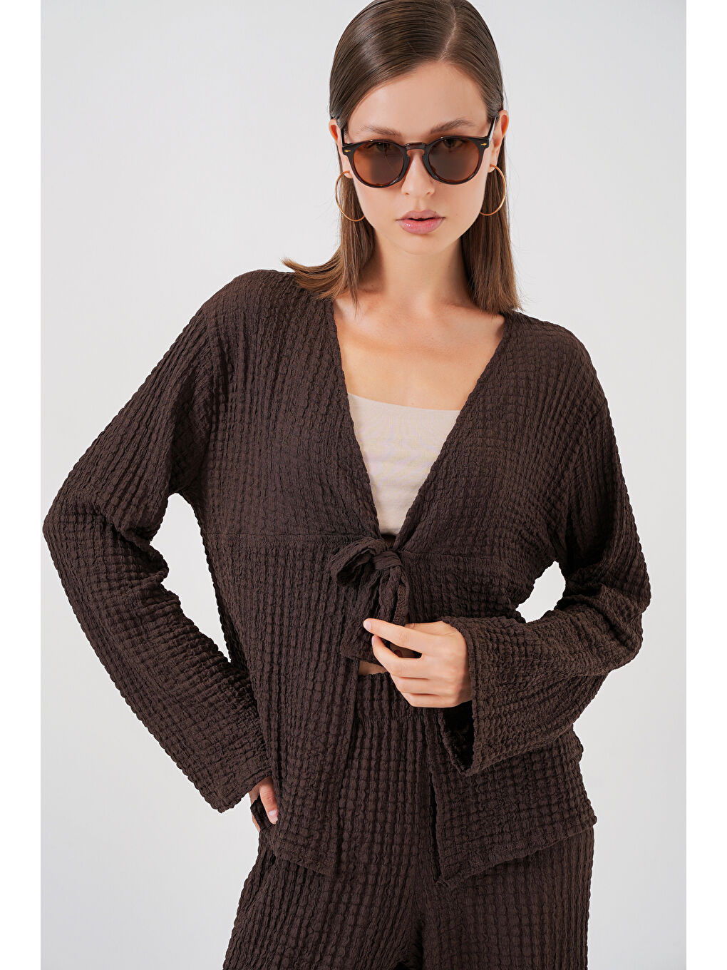 Kadın Örme Bluz Pantolon İkili Takım 30052 - Kahverengi-1