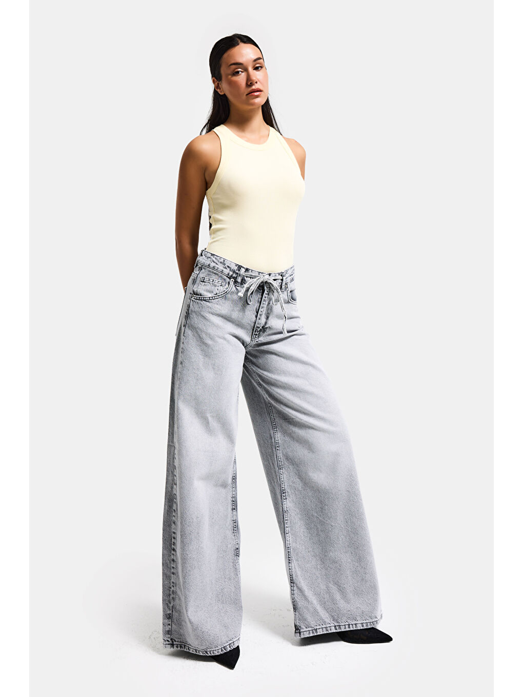 Kadın Gri 4s5-12 Palazzo Fit Bağcıklı %100 Pamuk Denim Jean-1