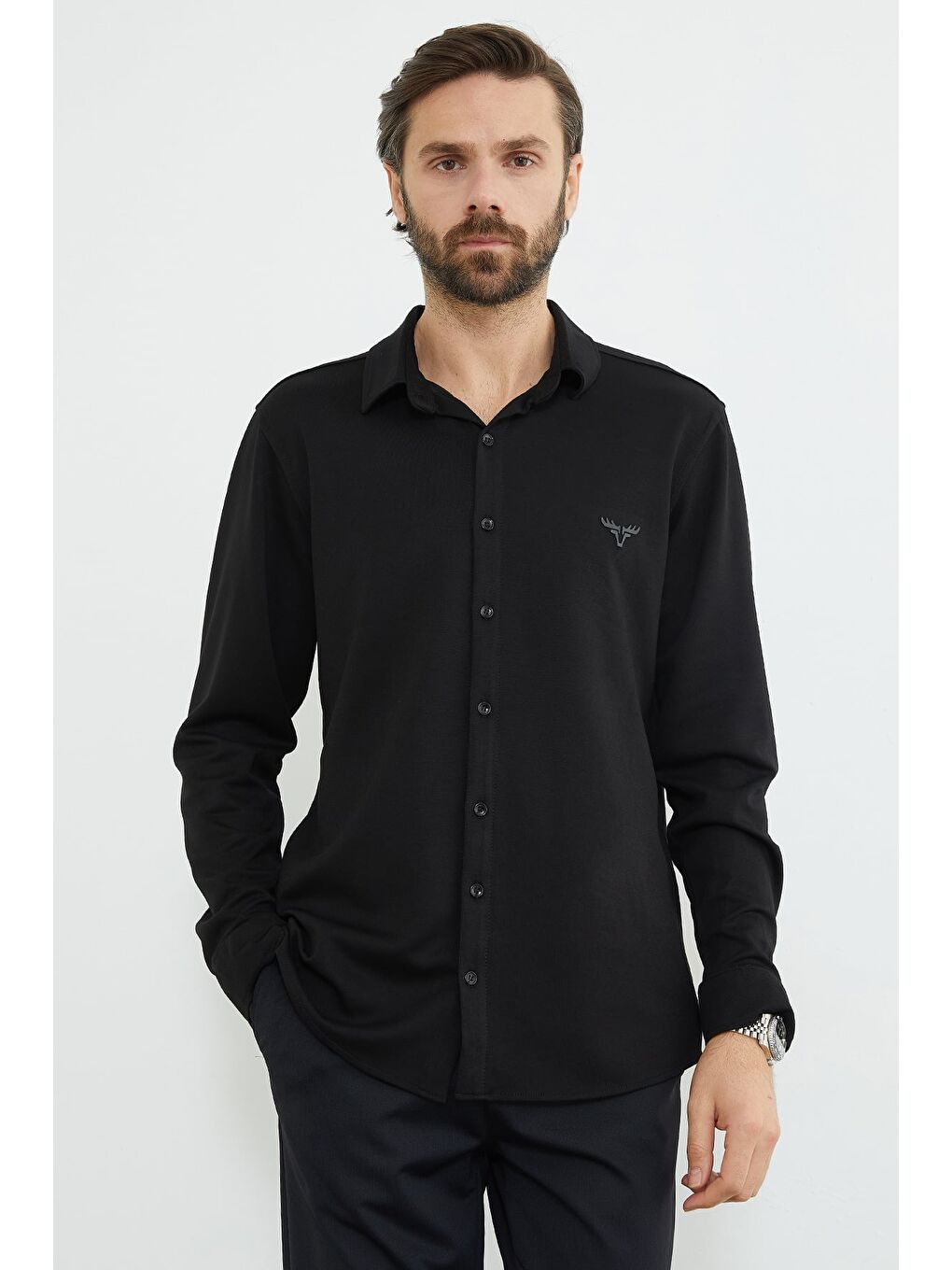 Siyah Baskılı Uzun Kol Modal Kumaş Gömlek-1