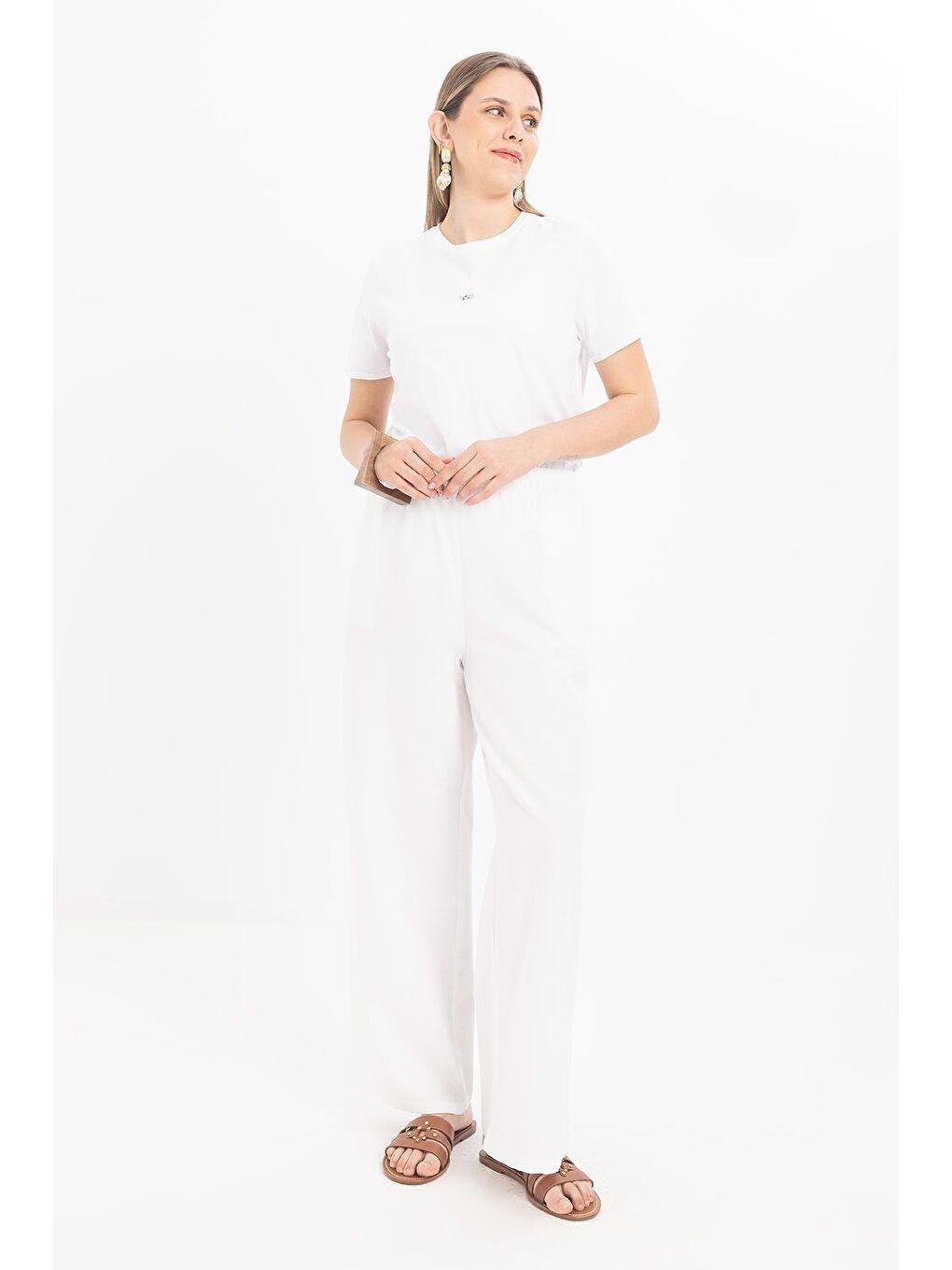 Beyaz-Büyük Beden Beli Lastikli Geniş Paça Keten Pantolon-1