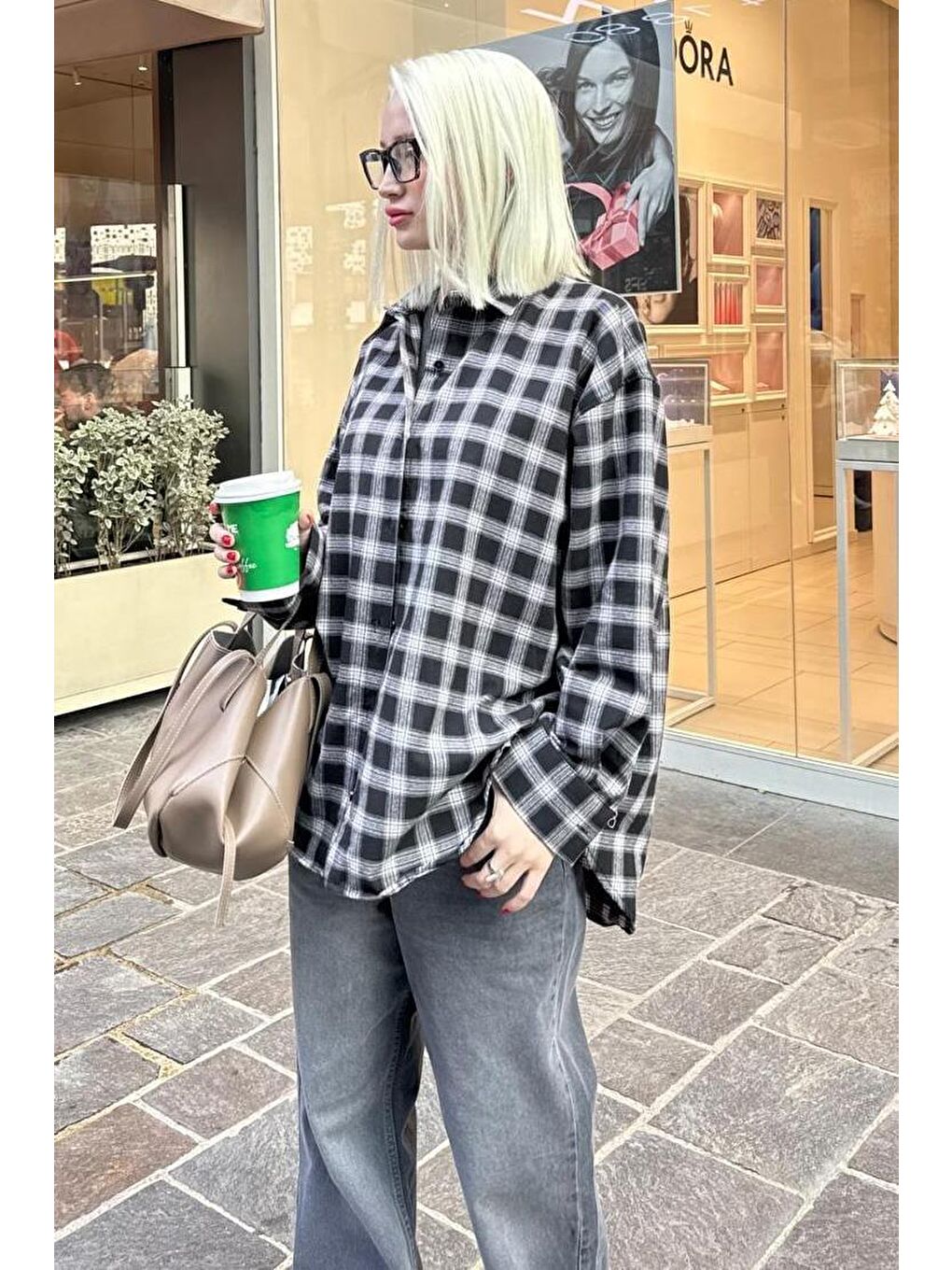 Siyah Oversize Ekose Desenli Kadın Gömlek Mg2589-1