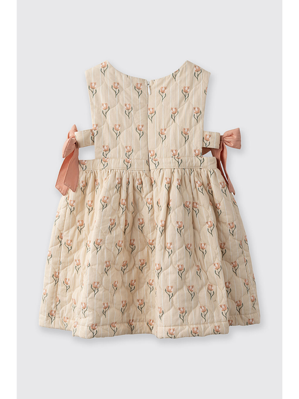 Bej Kız Bebek Lale Desenli Fiyonk Detaylı Kapitone Ekru Elbise-2