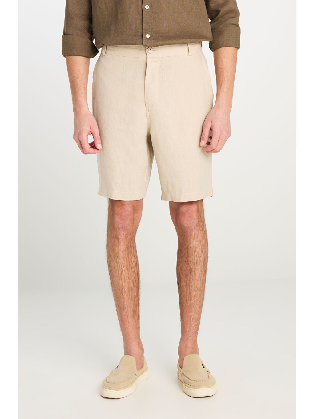 %100 Keten Regular Fit Normal Kesim Lastik Bel Detaylı Bej Şort-2