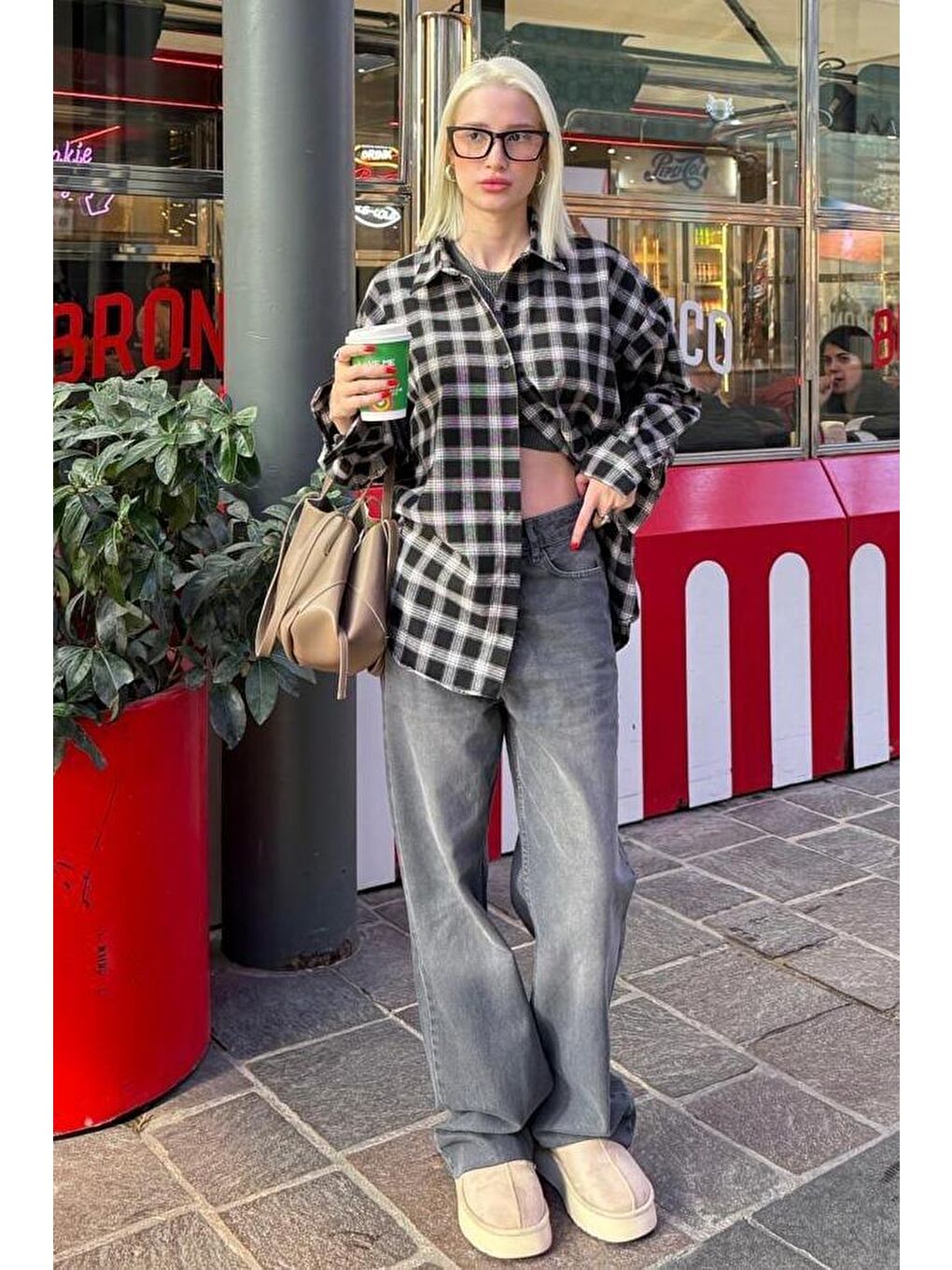 Siyah Oversize Ekose Desenli Kadın Gömlek Mg2589-2