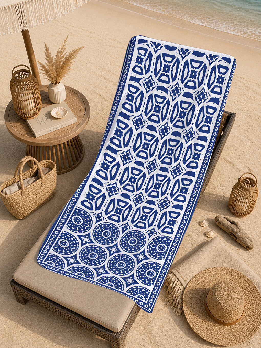 Bohem Mavi Mandala Karo Motifli Desenli 70x150 Plaj Havlusu - Dijital Baskılı Solmaz Banyo Havlusu-4