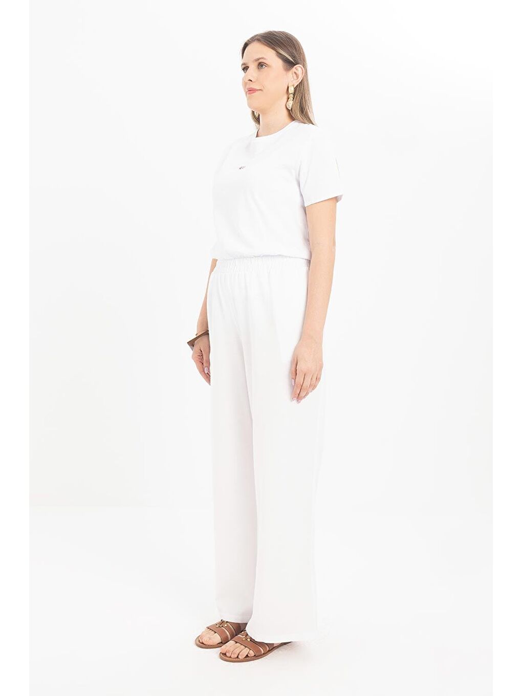 Beyaz-Büyük Beden Beli Lastikli Geniş Paça Keten Pantolon-2