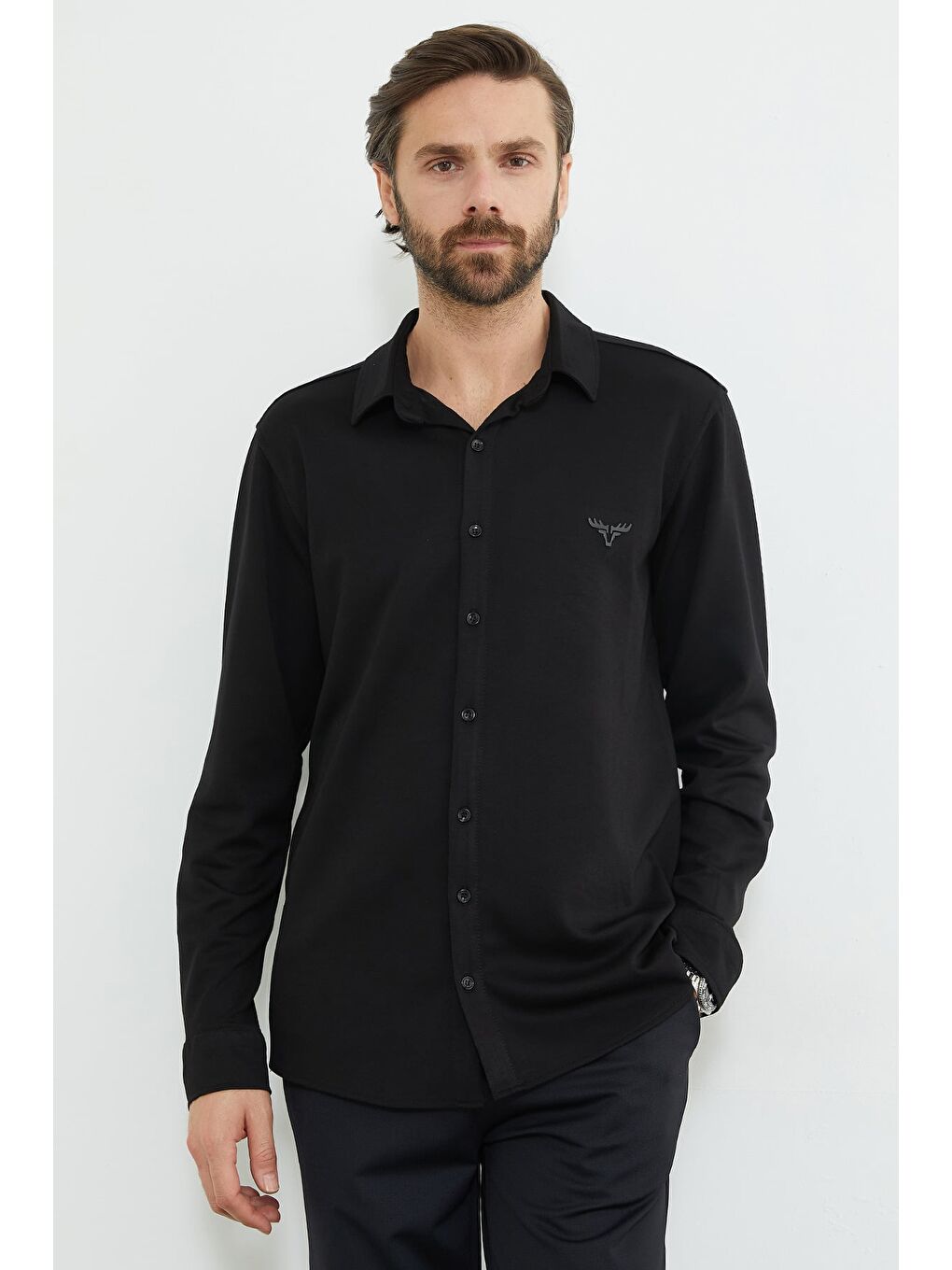 Siyah Baskılı Uzun Kol Modal Kumaş Gömlek-4