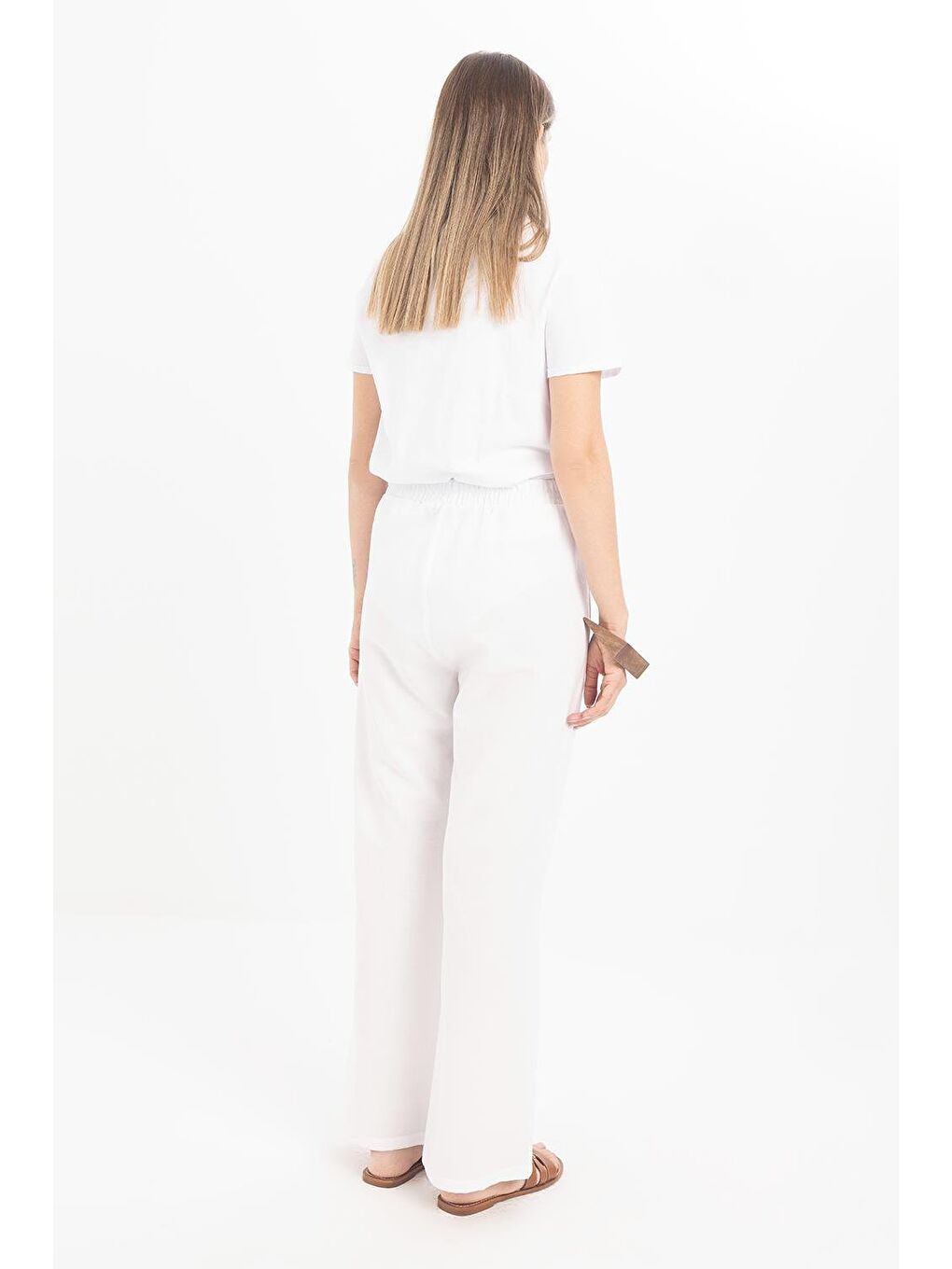 Beyaz-Büyük Beden Beli Lastikli Geniş Paça Keten Pantolon-3