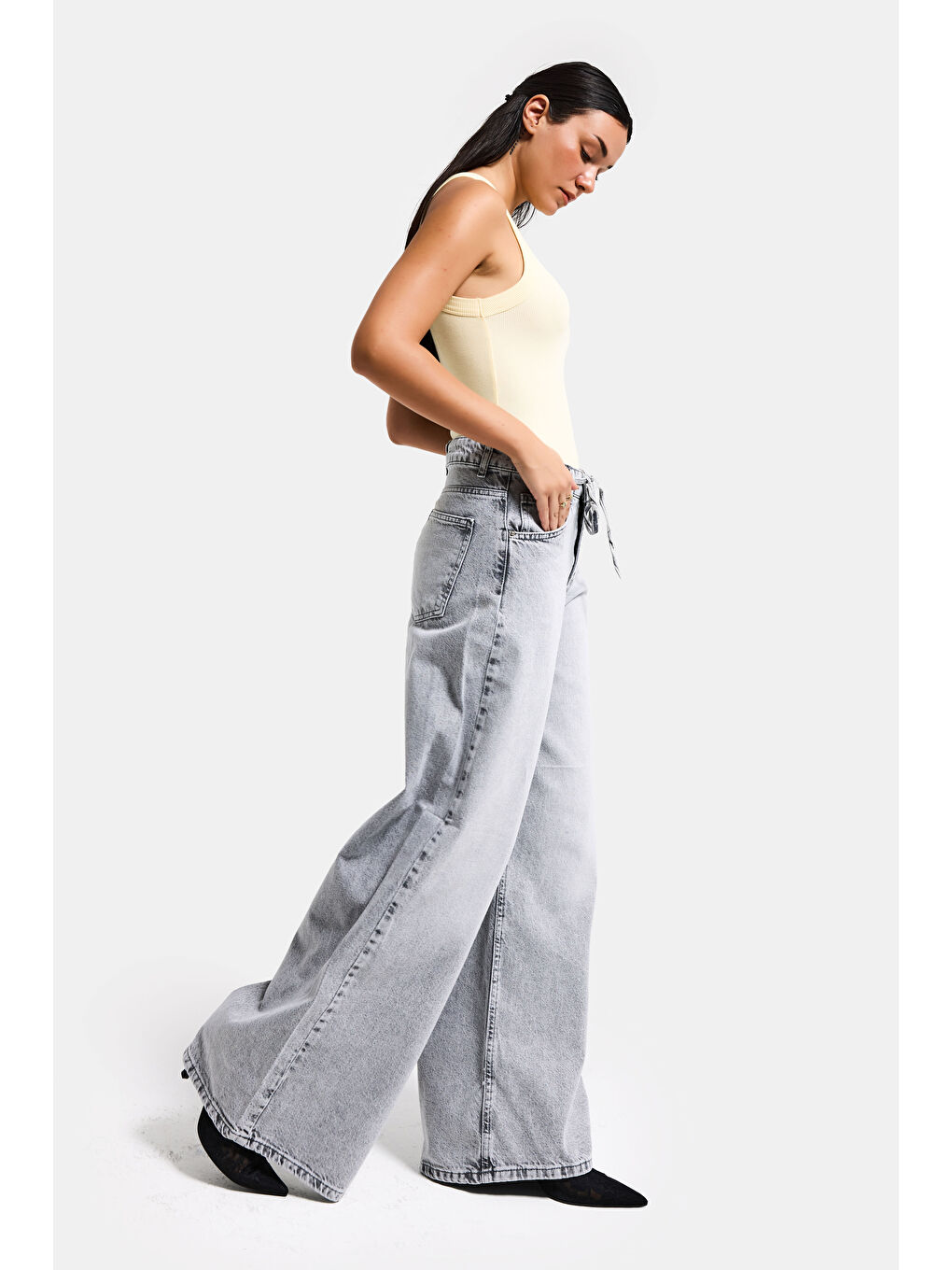 Kadın Gri 4s5-12 Palazzo Fit Bağcıklı %100 Pamuk Denim Jean-2