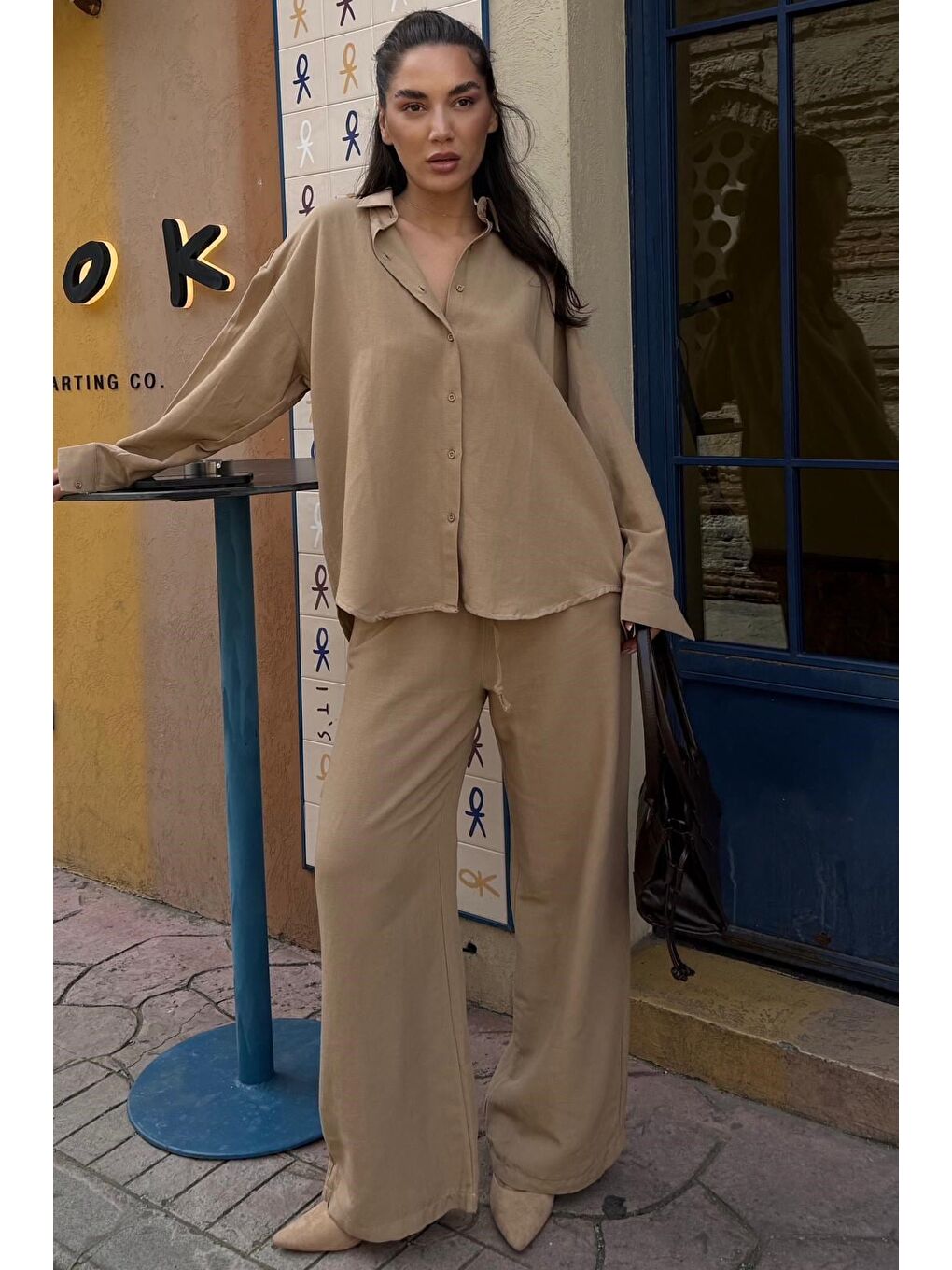 Kahverengi Camel Keten Kadın Gömlek Pantolon İkili Takım Mg2356