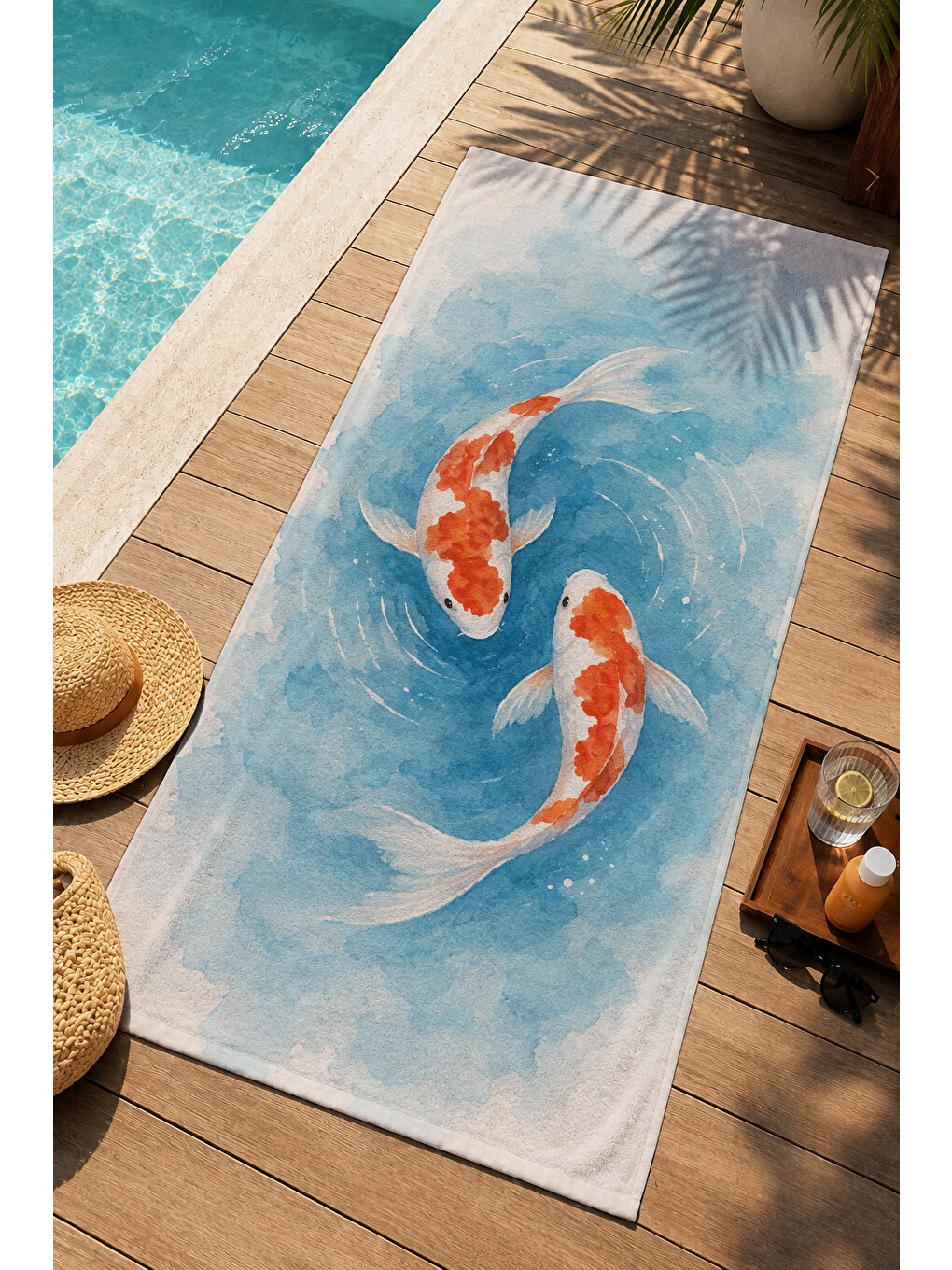 Suluboya Turuncu Koi Balığı Mavi Deniz Desenli 70x150 Plaj Havlusu - Pamuklu Banyo Havlusu-3