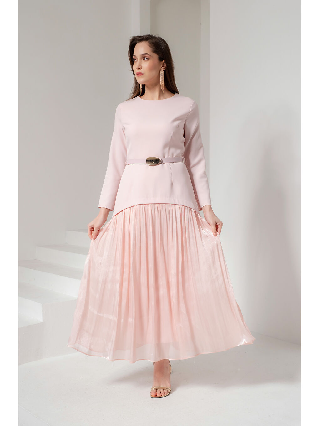 Pembe Kadın Pudra Kemerli Midi Abiye Elbise