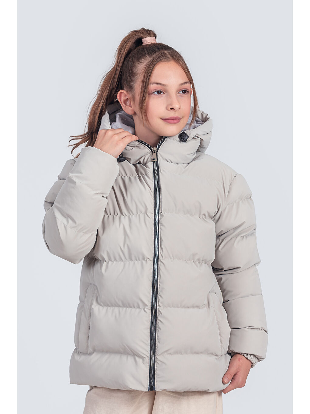 Bej Kız Çocuk Kapüşonlu Nova Kumaş Kışlık Mont KM1010-1