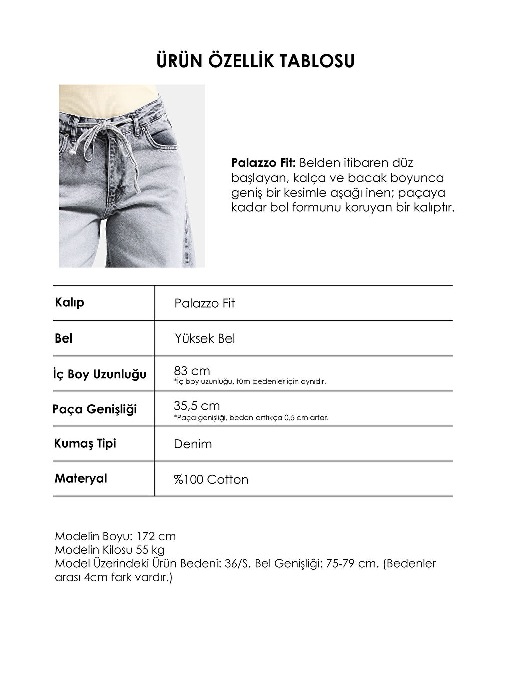 Kadın Gri 4s5-12 Palazzo Fit Bağcıklı %100 Pamuk Denim Jean-3