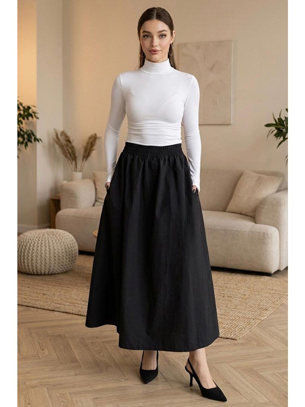 Siyah Beli Lastikli Midi Boy Kadın Etek Mg2616