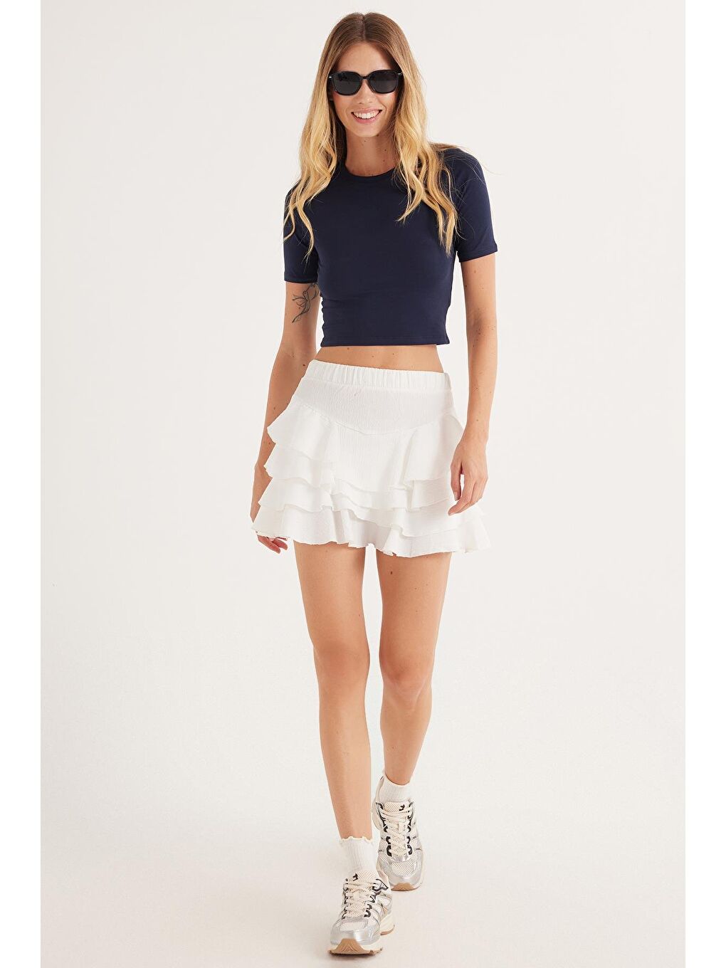 Kadın Slim Fit Dar Kesim Pamuklu Bisiklet Yaka Lacivert Bluz-3