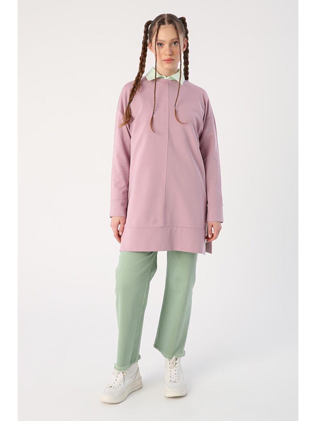 Soft Lila Süs Kordonlu Yırtmaçlı Tunik-1