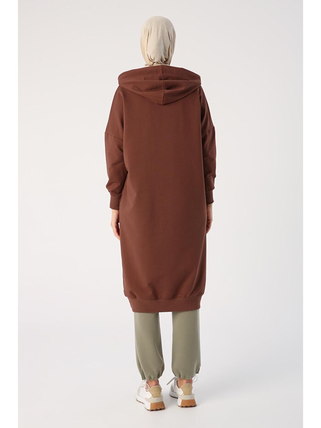 Kahverengi Açık Kahve Kuşgözlü Kapüşonlu Cepli Sweat Tunik-3